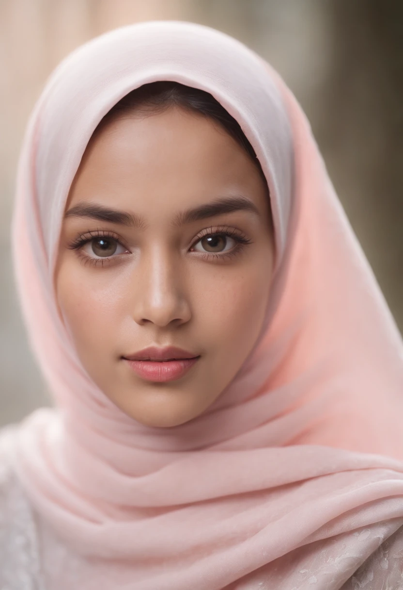 Um retrato fotográfico de uma bela menina malaia com hijab e poucas sardas, (hijab rosa pastel liso), (retrato em plano médio:1.3), Luz dramática, Esquema de iluminação Rembrandt, (hiperrealismo:1.2), (8k hd:1.2), (fotorrealista:1.2), filmado com Canon EOS 5D Mark IV, rosto detalhado, textura detalhada da pele