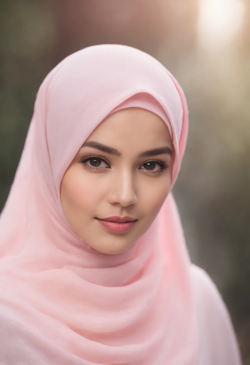 portrait photo of a beautiful Bandung girl wearing a hijab and dimples on her cheeks, (plain pink hijab), (portrait medium shot:1.3), dramatic light, Rembrandt lighting scheme, (hyperrealism:1.2), (8K UHD:1.2), (photorealistic :1.2), shot with Canon EOS 5D Mark IV, facial detail, skin texture detail