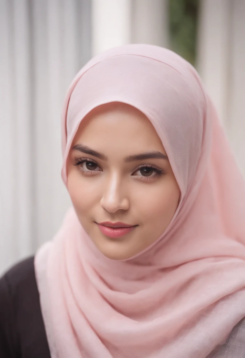 portrait photo of a beautiful Bandung girl wearing a hijab and dimples on her cheeks, (plain pink hijab), (portrait medium shot:1.3), dramatic light, Rembrandt lighting scheme, (hyperrealism:1.2), (8K UHD:1.2), (photorealistic :1.2), shot with Canon EOS 5D Mark IV, facial detail, skin texture detail
