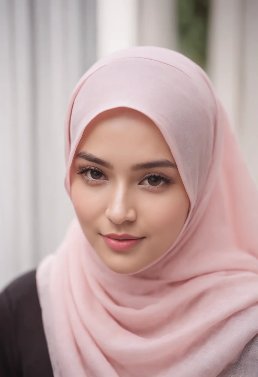 foto de retrato de uma bela menina Bandung usando um hijab e covinhas em suas bochechas, (hijab rosa liso), (retrato tiro médio:1.3), Luz dramática, Esquema de iluminação Rembrandt, (hiperrealismo:1.2), (8k hd:1.2), (fotorrealista :1.2), filmado com Canon EOS 5D Mark IV, detalhe facial, detalhe da textura da pele