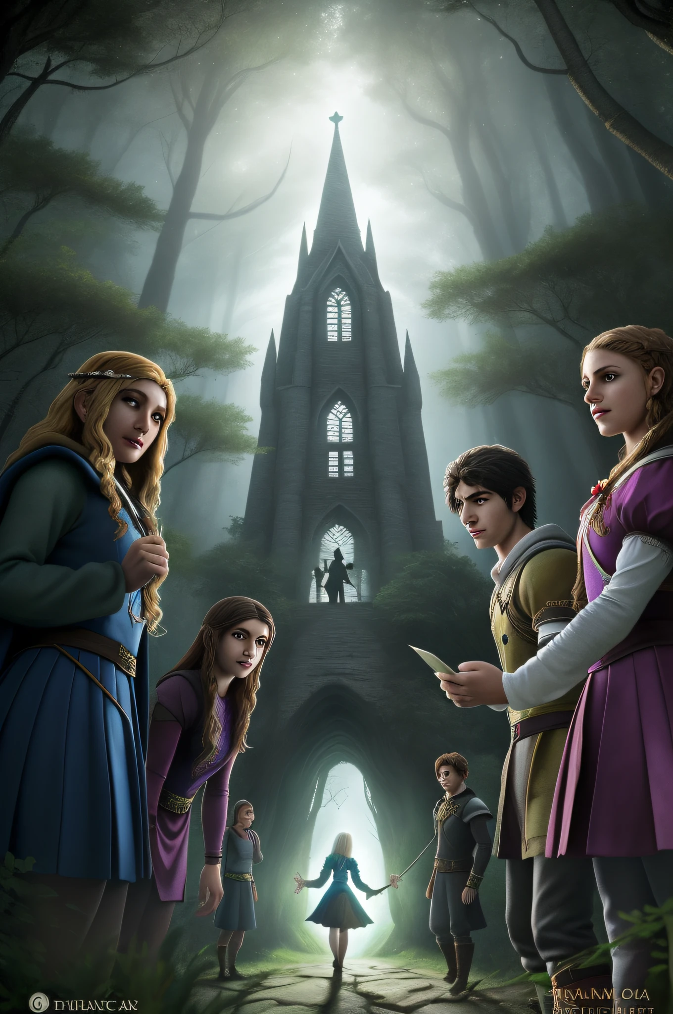 Portrait of a group of young people in high school uniforms exploring a magical forest, Young people are hybrids of magical creatures.title: "Academia Arcane: The Boarding School of Magical Creatures" 1. The protagonist is a young fairy named Lila, que sempre foi curiosa sobre o mundo humano e anseia por descobrir seus segredos. Ao ingressar na Academia Arcane, Lila befriends a diverse group of non-human students, each with unique magical abilities. 2. During a class on the Magic Forest, Lila e seus amigos encontram um portal escondido, taking them to an unknown part of the magical world. There, They discover an ancient prophecy that says only they can save the kingdom from a great threat. 3. O romance se desenvolve entre Lila e um jovem lobisomem chamado Ethan. No entanto, suas diferentes origens criam um conflito entre eles, for many believe that the union between fairies and werewolves is forbidden. 4. Durante as aulas, Students learn to control and hone their specific magical skills. Ademais, They also have lessons on how to adapt to the human world and blend in with humans without revealing their true identity. 5. The competition between the different races is fierce, levando a intrigas e rivalidades entre os alunos. A group of orc students try to sabotage the other races