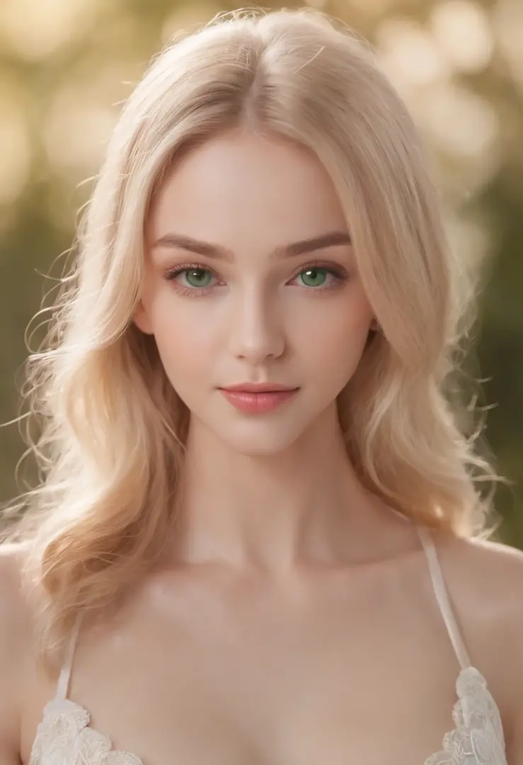 Blonde Hair, green-eyed, wheat-skinned, slim but full body, oval-faced, heart-lipped, small and flat-nosed, curved eyebrows, round and wide hips, 1 smiling girl; super delicate , ((Best Quality, 8k, Masterpiece)); ((Foto RAW)); (large and erect cheast), (p...