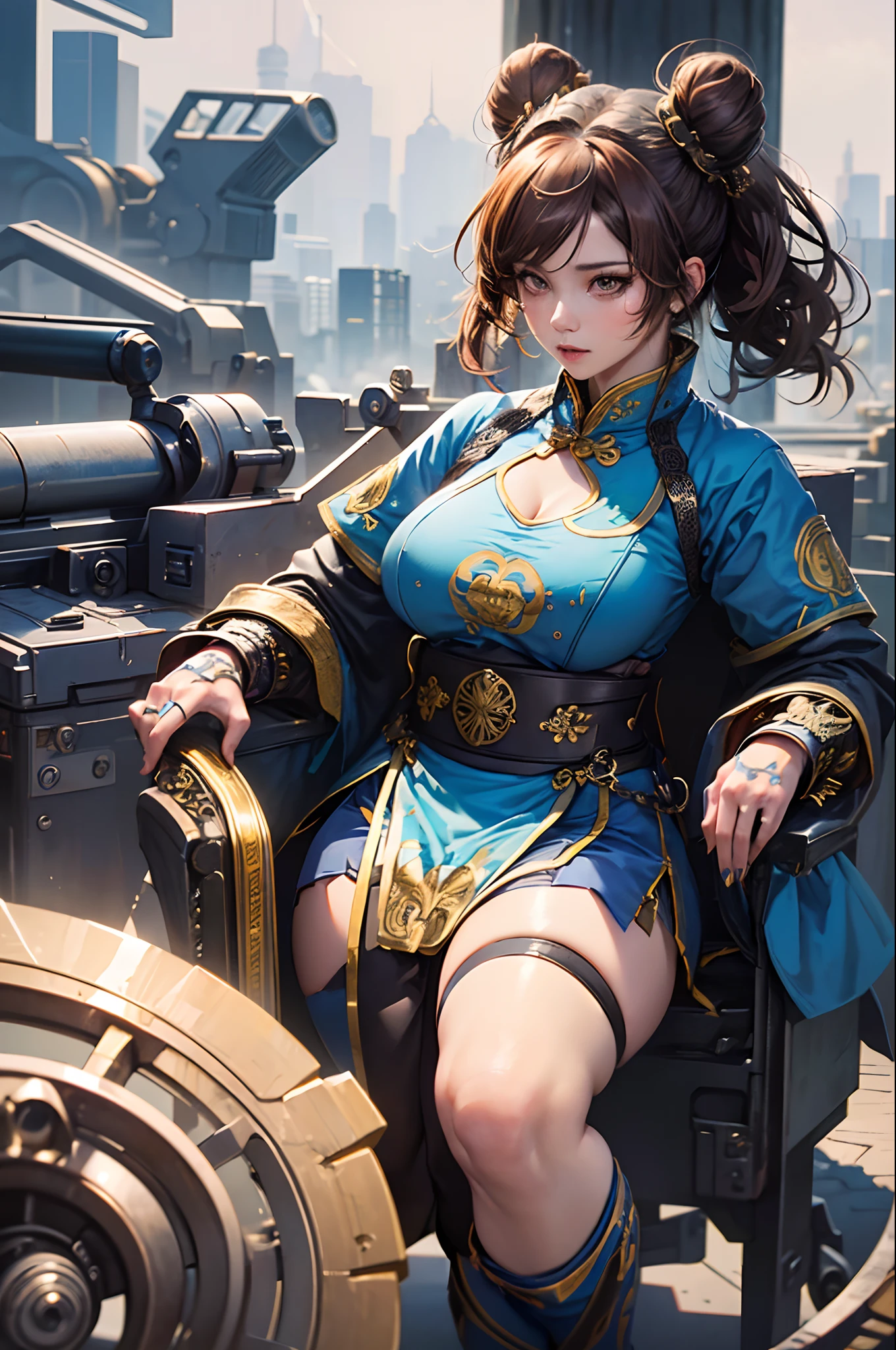 (1girl), (solo:1.4), Chun-li, sf2 chun, 40 years old, mature looking woman, MILF, (in a blue and gold qipao embroidered, cleavage, brown leggings, loincloth), (brown eyes, short hair, brown hair, double bun), oppai proportions, japanese goddess, highly detailed, large breasts, cleavage, nipple outline, shiny skin, perfect body, perfect face, hyper-realistic anime, posing for a picture,