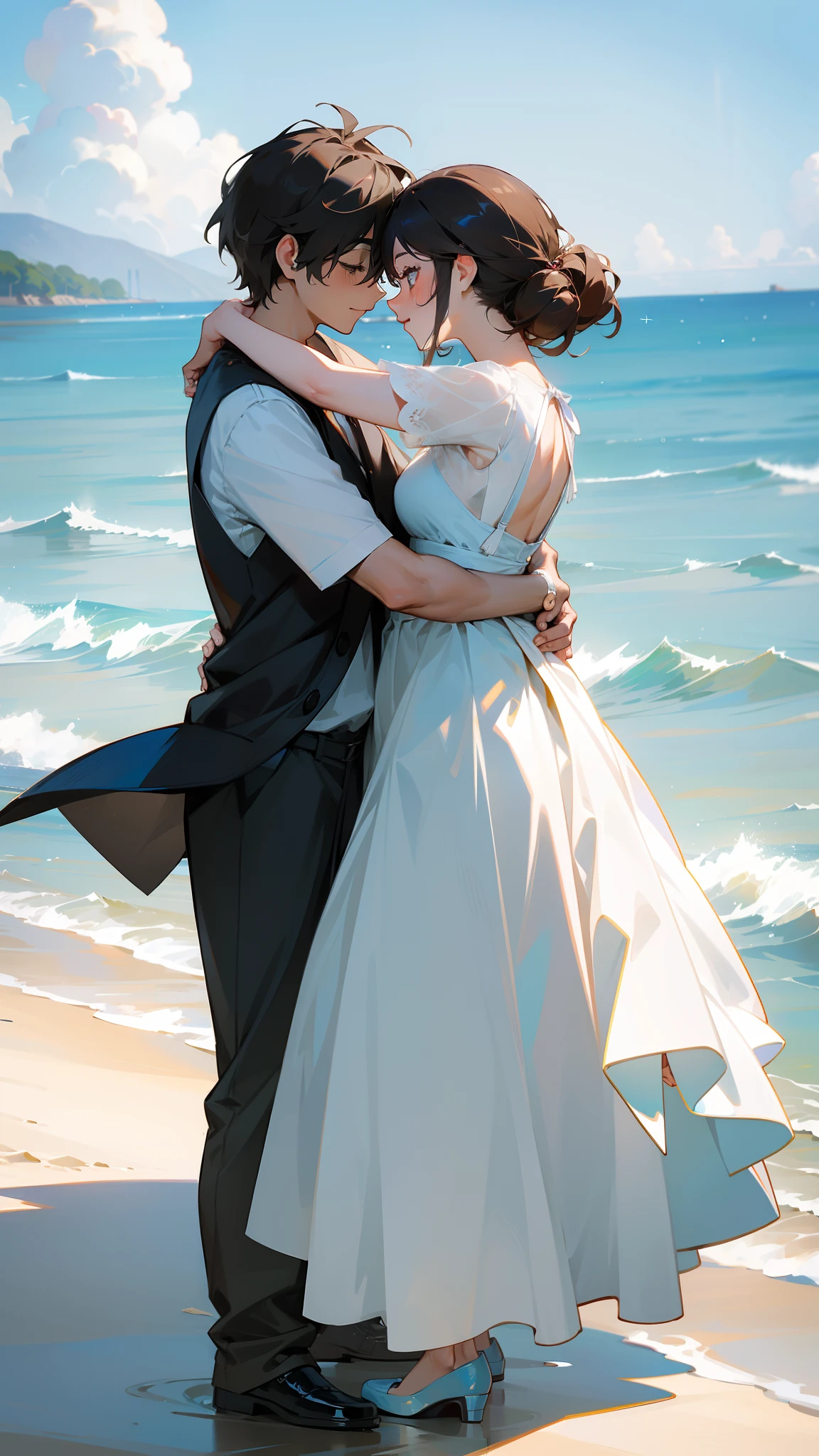 Anime couple on the beach kissing by the ocean - SeaArt AI