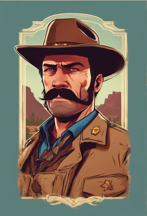 Red Dead Redemption 2 illustration style，Sheriff Curtis Malloy，Wear a Nevada hat,Khaki coat，Blue vest and white shirt,Nothing but a mustache,shaven face,sheriff badge, masterpiece,  digital artwork, key art. HD, sheriff coat. In a town. Sheriff coat, easte...