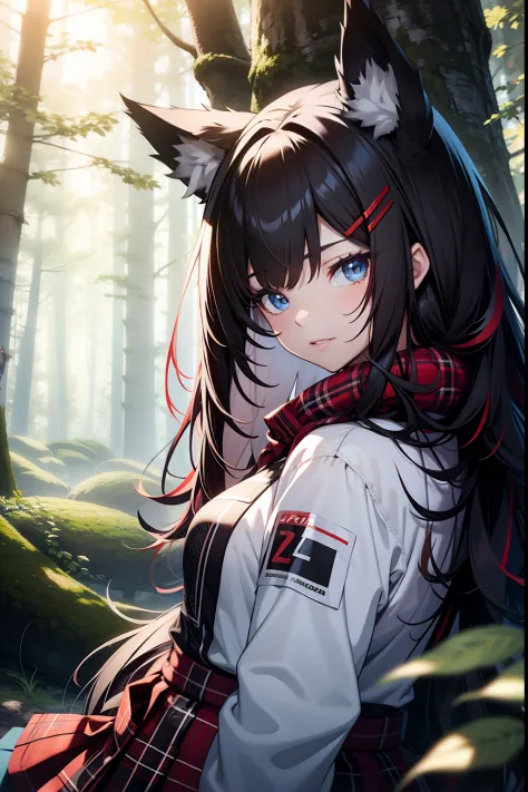Anime wolf girl with black hair white highlights red plaid skirt blue eyes in a mushroom forest