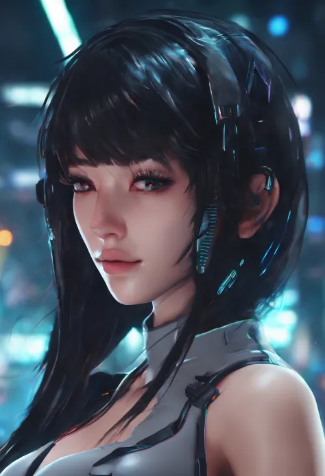 ff7r style, Tifa Lockhart, a girl, cleavage, Huge breasts, gigantic cleavage breasts, Seductive smile, Makeup, Blush, Lipstick, ((Red eyes:1.1)), Black hair, Floating hair, Long hair, Bangs, Business shirt, Solo, beautiful details girl, Beautiful detail ey...