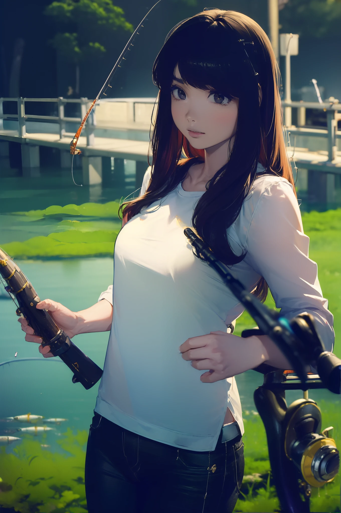 ((((having a fishing rod with a reel by the lakeside:1.5)))),((Female 28 years old)),((Best Quality:1.5)),(((Hands with the correct number and structure of fingers:1.4))),((Big fish:1.37)),hight resolution,ultra-detailliert,​masterpiece,best qualtiy,(Eight-headed body),Black hair, long eyes-lashes, Solid Circle Eyes, drop shadow, Atmospheric perspective,Super Detail, ccurate, small brest,(Black jacket and black jeans :1.1),top-quality, blurry backround, bokeh dof:1.2, (​masterpiece:1.3), Atmospheric perspective,Super Detail,dynamic compositions,