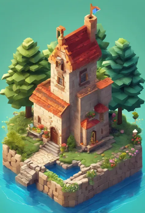 Small house behind the lake, best quality, fantasy, isometric, knolling style of (miniature brick round tower:1.2), tree, stone wall, (simple background:1.2)
