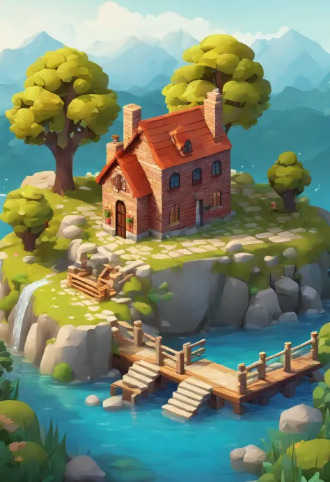 Small house behind the lake, best quality, fantasy, isometric, knolling style of (miniature brick round tower:1.2), tree, stone wall, (simple background:1.2)