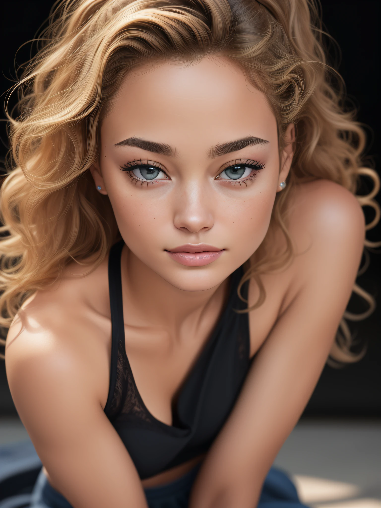 (masterpiece), best quality, expressive eyes, perfect face, 1girl (her face is a mix of Rose Bertram, Brie Larson and Angelina Jolie) in model pose, pouting lips, shy smile, Cheekies, loose curly blonde hair, hands between legs, skirt, black tank top, Body Perfect, athletic, shallow depth of field to emphasize the subject, taken using a Canon EOS R camera with a 50mm f/1.8 lens, f/2.2 aperture, shutter speed 1/200s, ISO 100 and natural light, Front Portrait, sharp focus, Hyper Realistic Photography, Cinematic, intricate, insanely detailed, Hyperdetail, Ultrahd, Color Correction, ultrahd, hdr, color grading, 16k, photorealism>