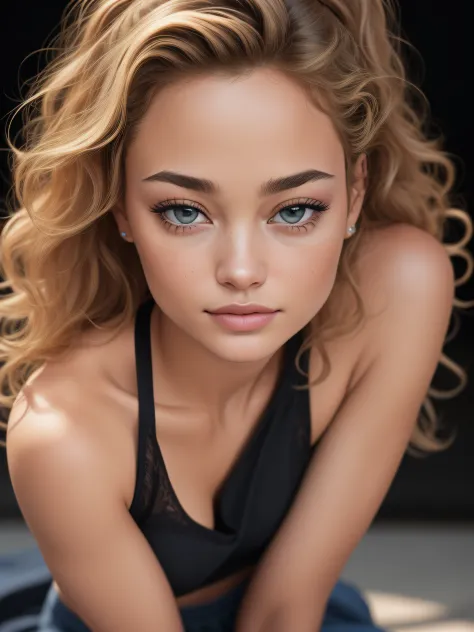 (masterpiece), best quality, expressive eyes, perfect face, 1girl (her face is a mix of Rose Bertram, Brie Larson and Angelina Jolie) in model pose, pouting lips, shy smile, Cheekies, loose curly blonde hair, hands between legs, skirt, black tank top, Body...