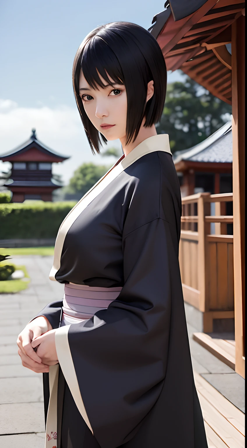 masterpiece, best quality, shizune, black kimono, upper body, looking at viewer, slight smile, large breasts, japanese architecture, outdoors, sky, realistic