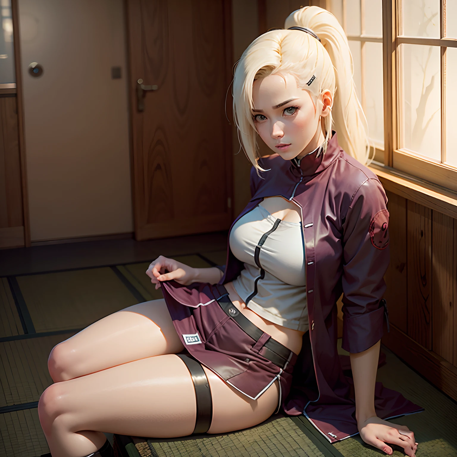 (hyper realistic girl:1.2), ((Yamanaka Ino)), (naruto), fully body, single body, sitting on ground, facing, (exposed inner thighs), thick-thighs, bent knees, facing, (long hair), hair blonde, blue colored eyes, Girly Room, Traditional Japanese Room, hyper realist, cinematic lighthing, (octan render), ray tracing