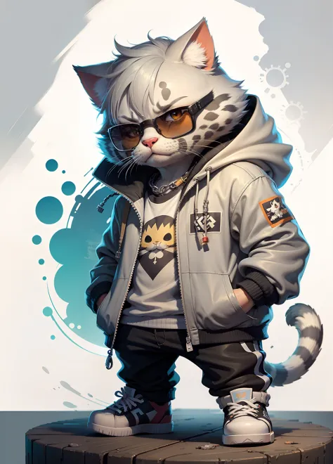 C4tt4stic, Cartoon Kizitora gray cat in jacket and skateboard, Sunglasses,