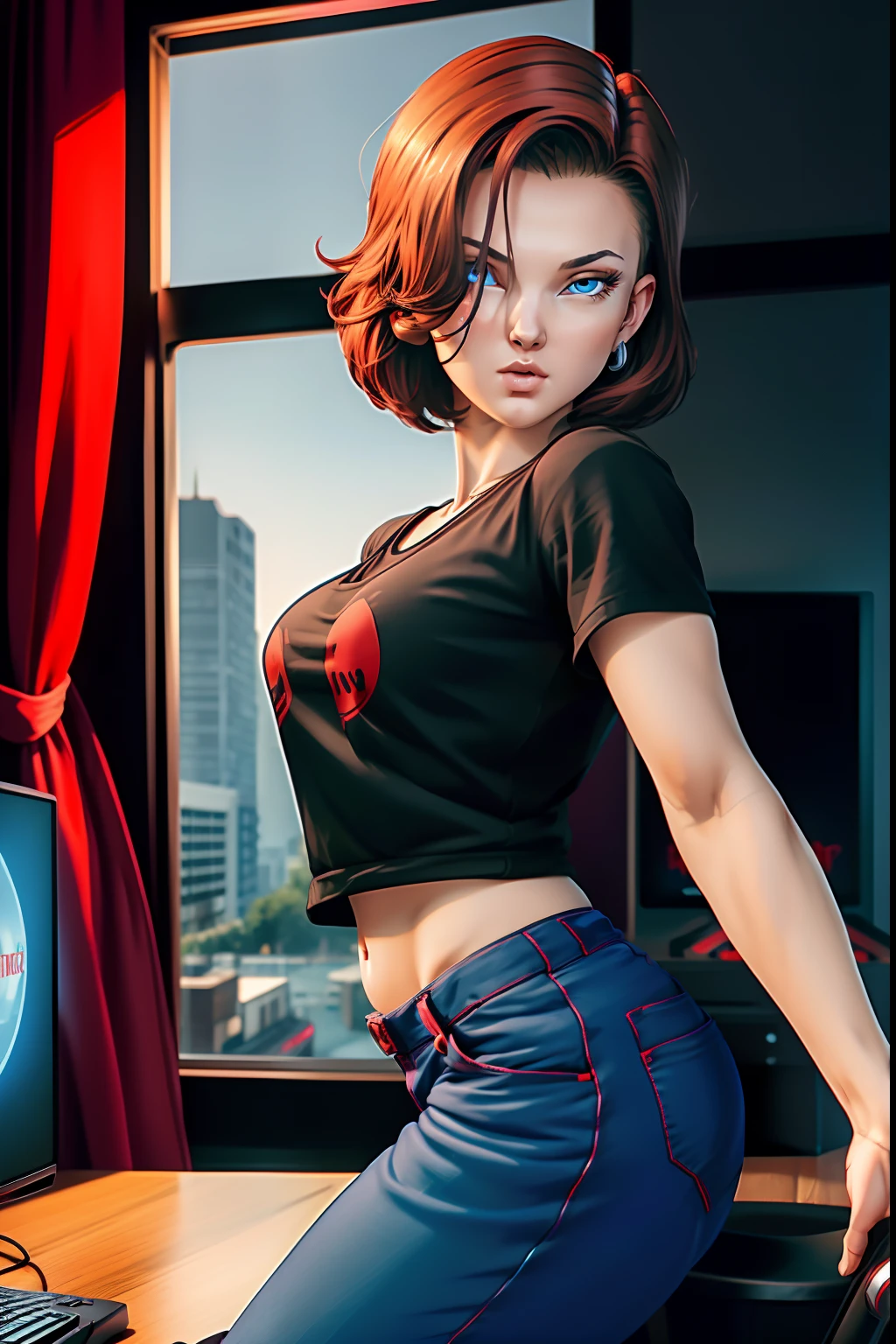 masterpiece, ultra high quality cg, best quality, girl solo, (small breasts:1.5, busty:1.2), short hair, red hair, blue eyes, wearing black shirt and red pants, gaming platform, gaming pc, red theme room, gaming keyboard, gaming headphone, gaming console, bubble gum, kissing face