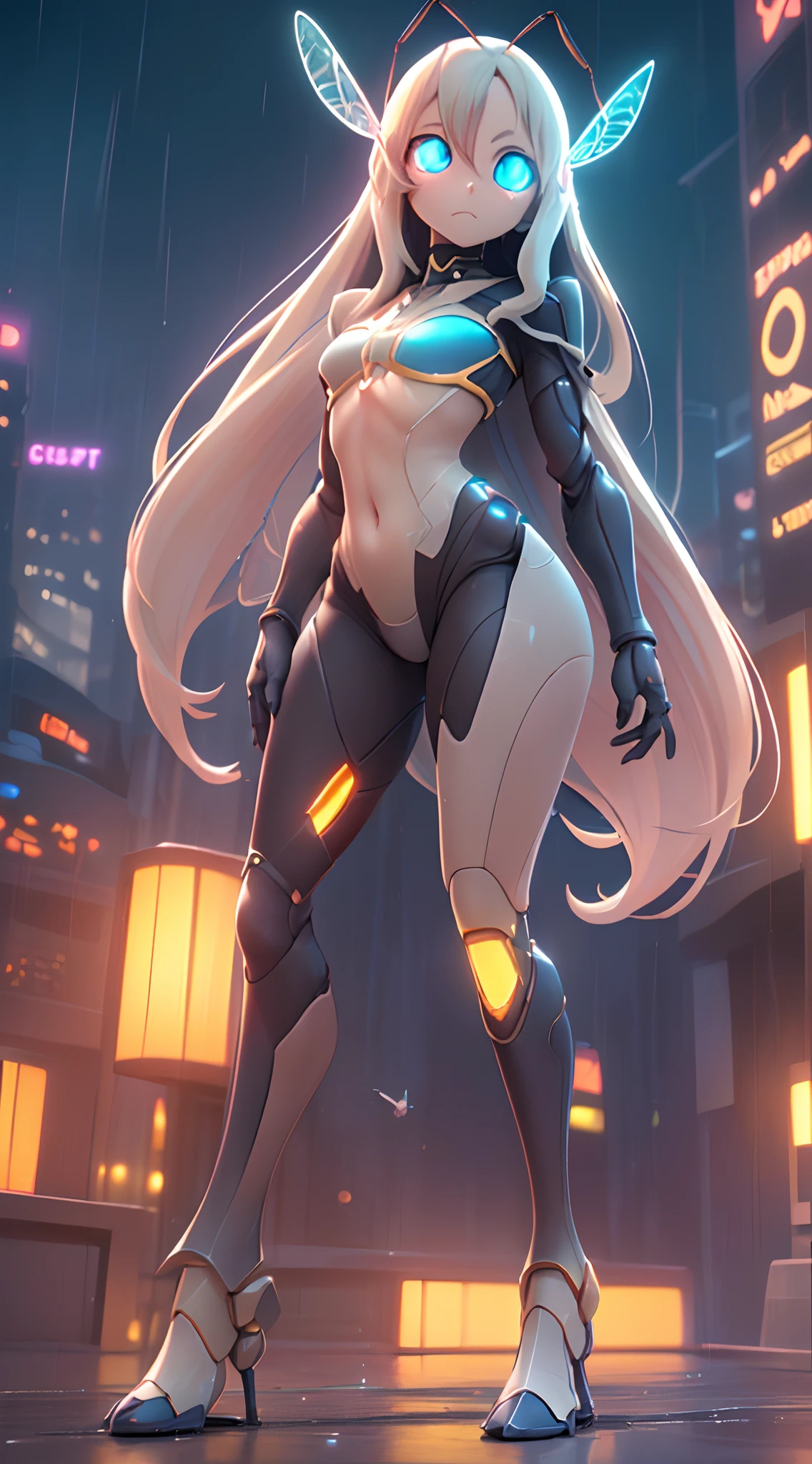 (Dynamic Angle:1.4), ((Full body posing:1.5), (Colorful:1.2), (Highly detailed CG Unity 16K wallpaper:1.1), (Denoising strength: 1.45), (tmasterpiece:1.37), ((Official art)), of the highest quality, (Realistic), Green Cybersuit Girl, 2 head body,Deformed Character,cute expression, (Super long hair:1.6),voluminous hair,Hair in motion,Golden hair,Glowing eyes,(blue eyess:1.2), (Smaller chest:1.3), wires, (LED:1.3), (a hologram:1.2), ((Half-worm:1.5)),((Human eye、insect wings、insectoid legs、feelers:1.5)),Insects are flying、futuristic city street, Neon light, Skyscrapers, (Night:1.2), (Rain:1.2), (Rainbow Model:1.2), 8K resolution, (Anime style:1.3), Cinematic lighting, chromatic abberation, spark of light, Ray tracing, blending, ultra wide-angle, Hasselblad, (masutepiece), (masutepiece), ((Best Quality)), ((masutepiece)), nffsw