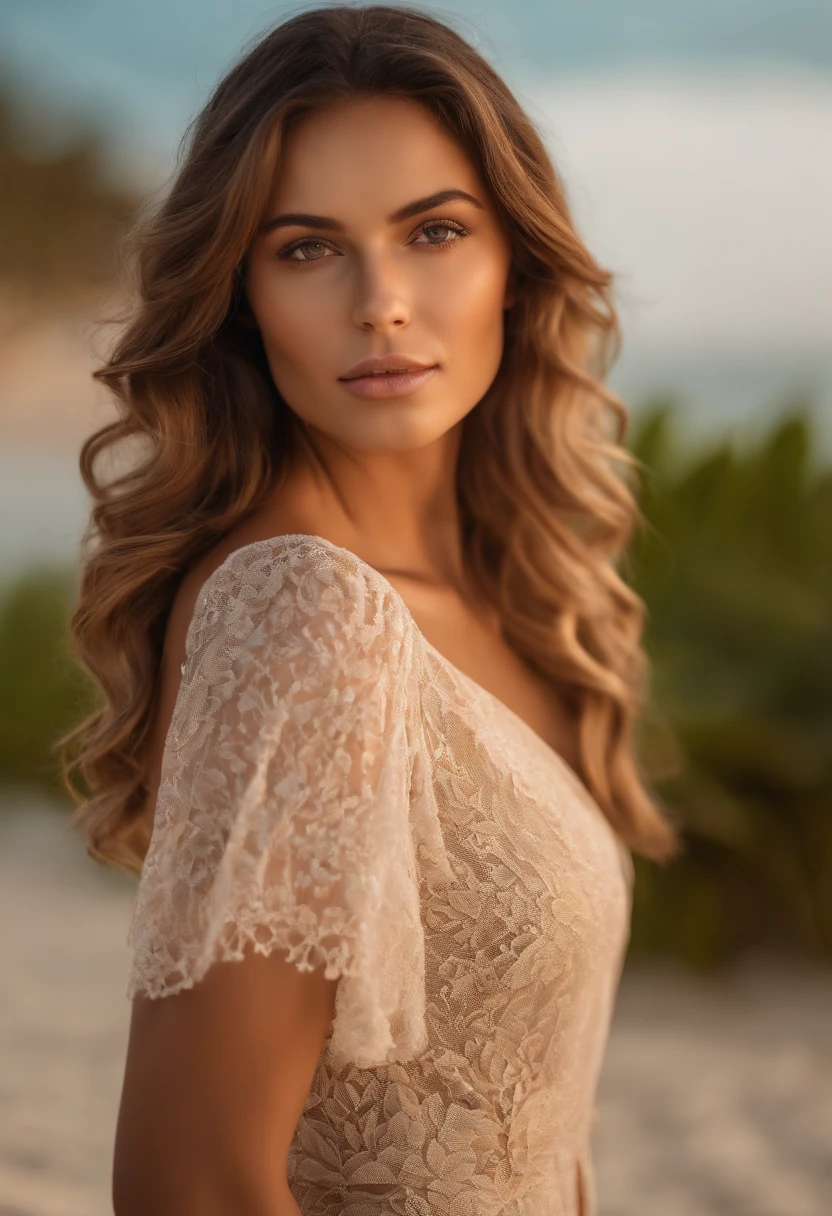 proFessional portrait photography oF a beautiFul Brazilian girl in summer dress with light brown wavy hair, pupilas redondas de los ojos, ((sultry and Flirty look)), beautiFul symmetrical Face, Sin maquillaje, ((de pie, afuera en una playa tropical)), impresionante entorno Único Natural Moderno, Ultrarrealista, Arte conceptual, Elegant, muy detallado, Intrincado, enfoque nítido, Depth oF Field, F/1. 8.85mm, tiro medio, (composición de imagen centrada), (proFessional color grading), ((bright soFt diFFused light)), volumetric Fog, tendencias de instagram, Tendencias Tumblr, hdr 4k, 8K