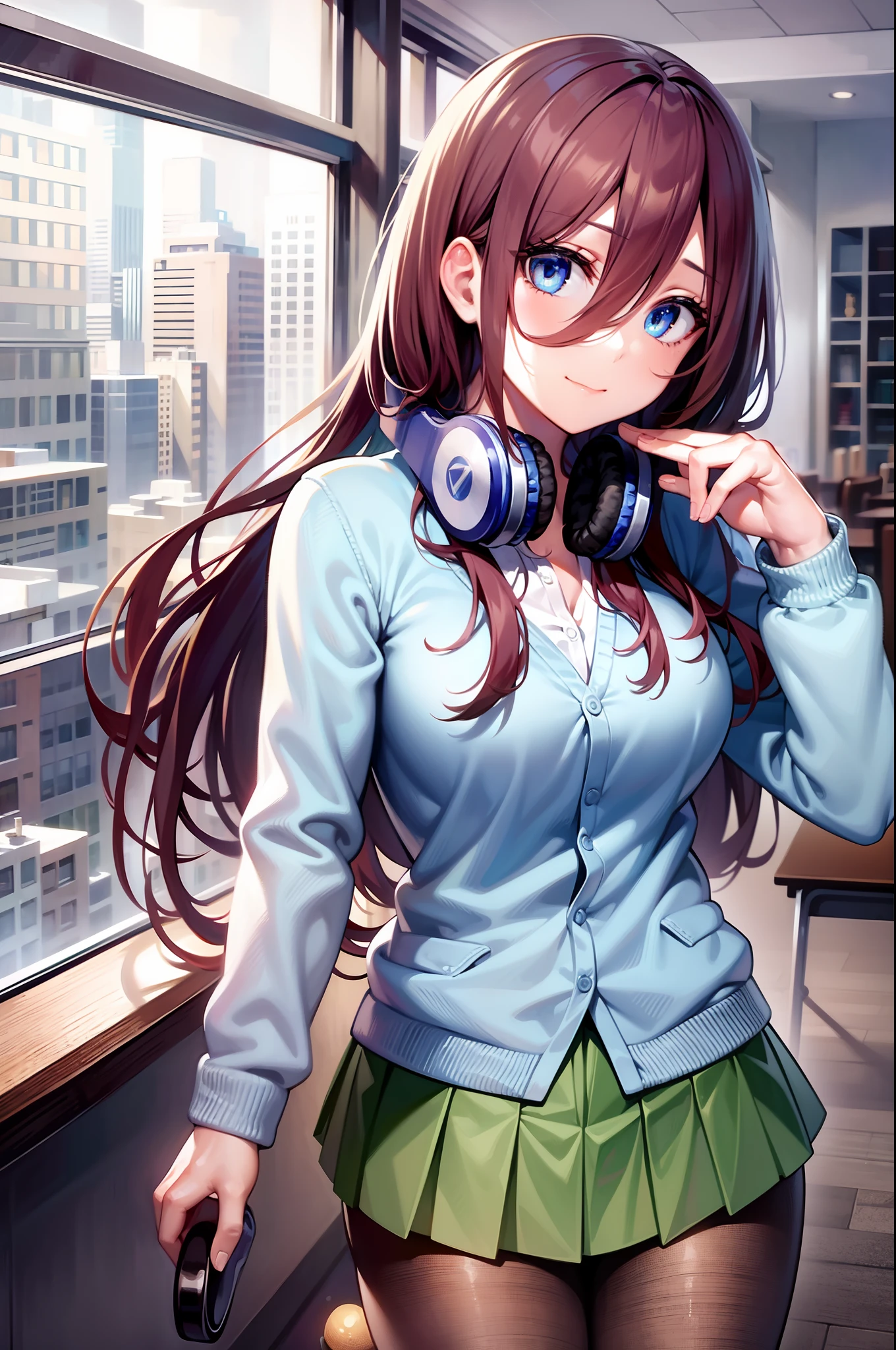 mikunakano, miku nakano, pelo largo, Golpes, blue eyes, Pelo castaño, camisa, pelo entre los ojos, Auriculares, cardigan, Auriculares around neck,
falda ROMPER, camisa, mangas largas, white camisa, pantys, falda plisada, black pantys, cardigan, falda verde, blue cardigan,
romper en el interior, aula,
descanso mirando al espectador, BREAK (obra maestra:1.2), mejor calidad, Alta resolución, fondo de pantalla de unidad 8k, (ilustración:0.8), (hermosos ojos detallados:1.6), cara extremadamente detallada, Iluminación perfecta, CG extremadamente detallado, (manos perfectas, anatomía perfecta),