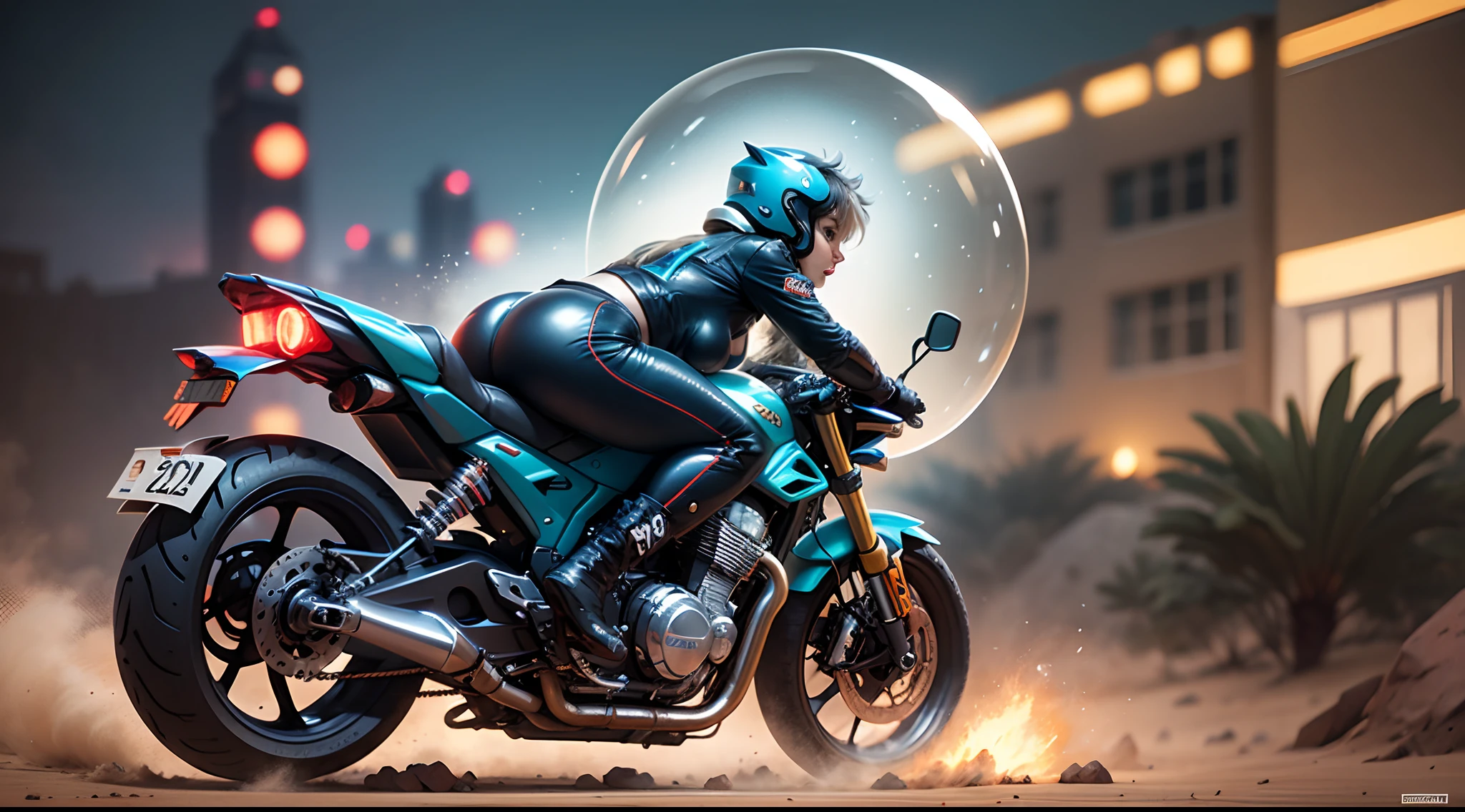 There is a woman riding a motorcycle in a city at night - SeaArt AI