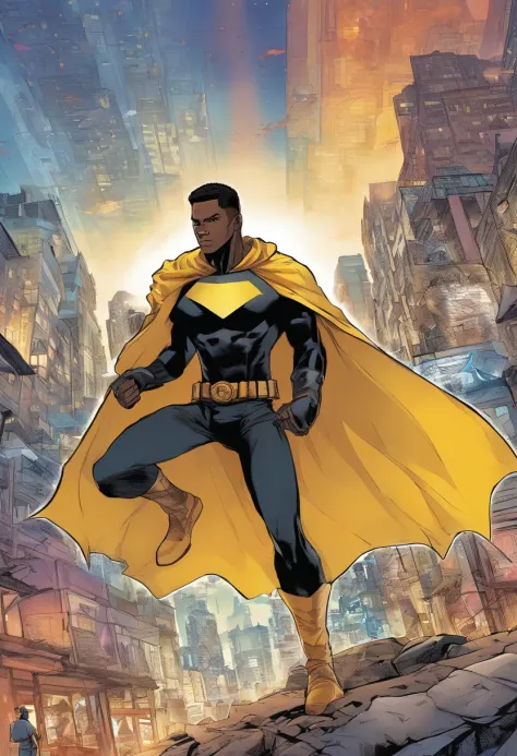 um adolescente de 15 anos com cabelos azuis e olhos negros, wears a black superhero outfit resembling a spy uniform with a tattered yellow cape, An aura of shadows appears behind him, He's with his back to a building and is watching a city in ruins, anime,...