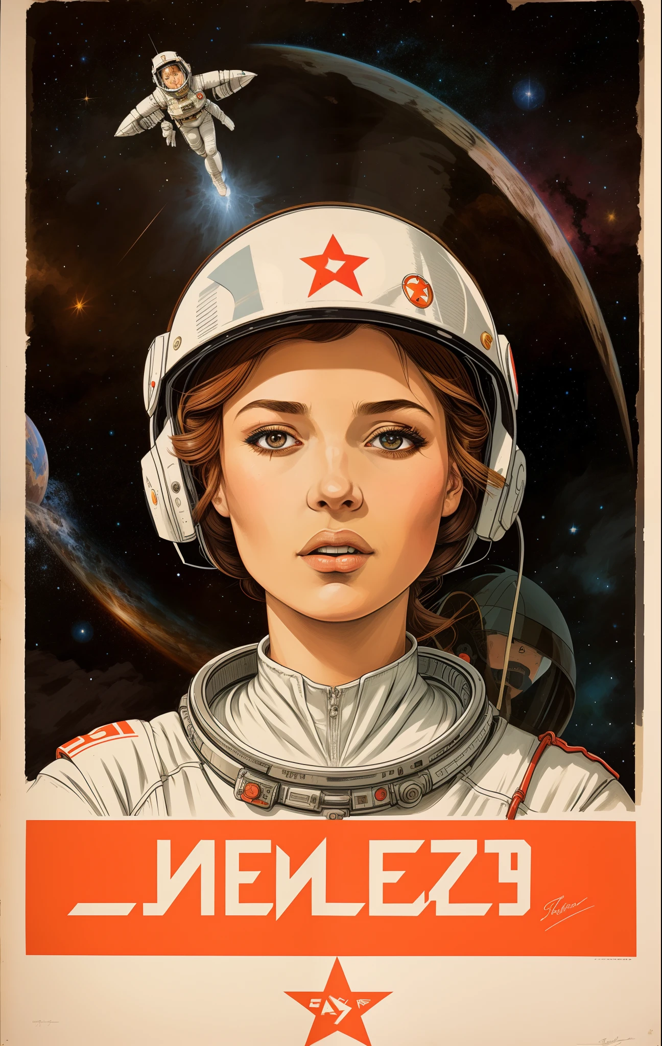 Shepherd  poster of girls wearing spacesuits，There is a star on the head，portrait anime space cadet girl，Artgerm JSC，jen bartel，Space Girl，soviet propaganda poster style，Retrato Armored Astronauta ，soviet propaganda art，Soviet propaganda style，Soviet propaganda，Guviz-style artwork，Sergey Zabelin，The astronaut