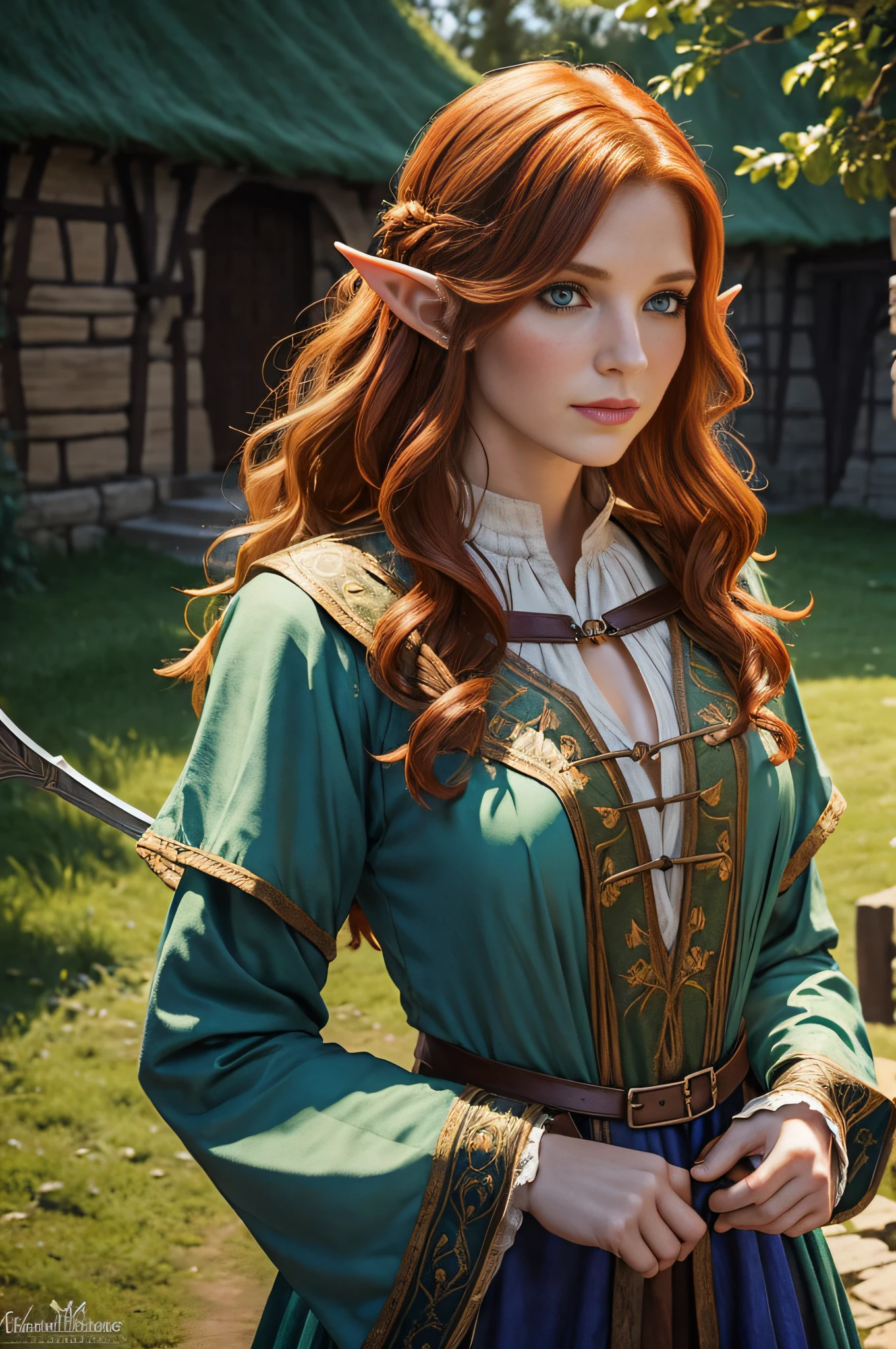 Dnd portrait of half-elf, adult female half-elf, sorceress, redhead, wavy hair, gorgeous, alluring, ((simple medieval clothing)), (((peasant clothing))), fantasy village background