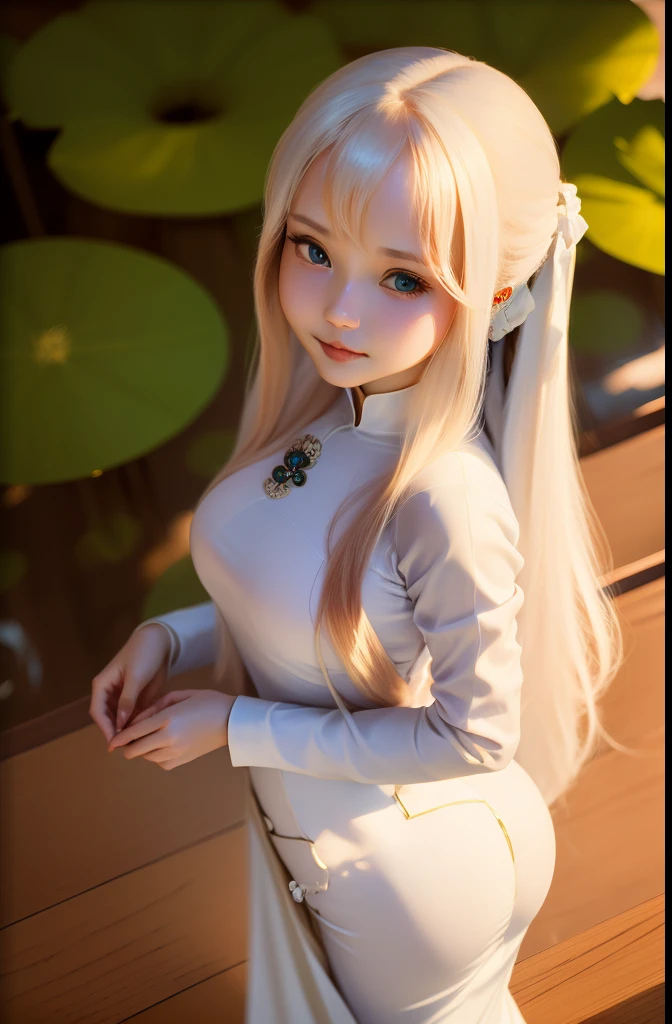 masutepiece, Best Quality, hight resolution,portlate, (((detail portrayal、8K resolution))), (((Beautiful face drawn in detail))),Full Body Angle,Smirking expression、独奏, bright light blue eyes, Beautiful silky silver hair、(((Beautiful ao dai:1.3、ao dai,Beautiful white ao dai)))、(((Captured from above、Subjects looking up)))、Plein Air、Lotus Lake