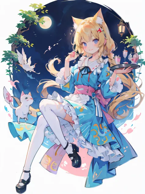 Anime girl in blue dress with magic wand, anime cat girl in a maid costume, Lori, a blond、The long-haired、Very Beautiful Anime C...