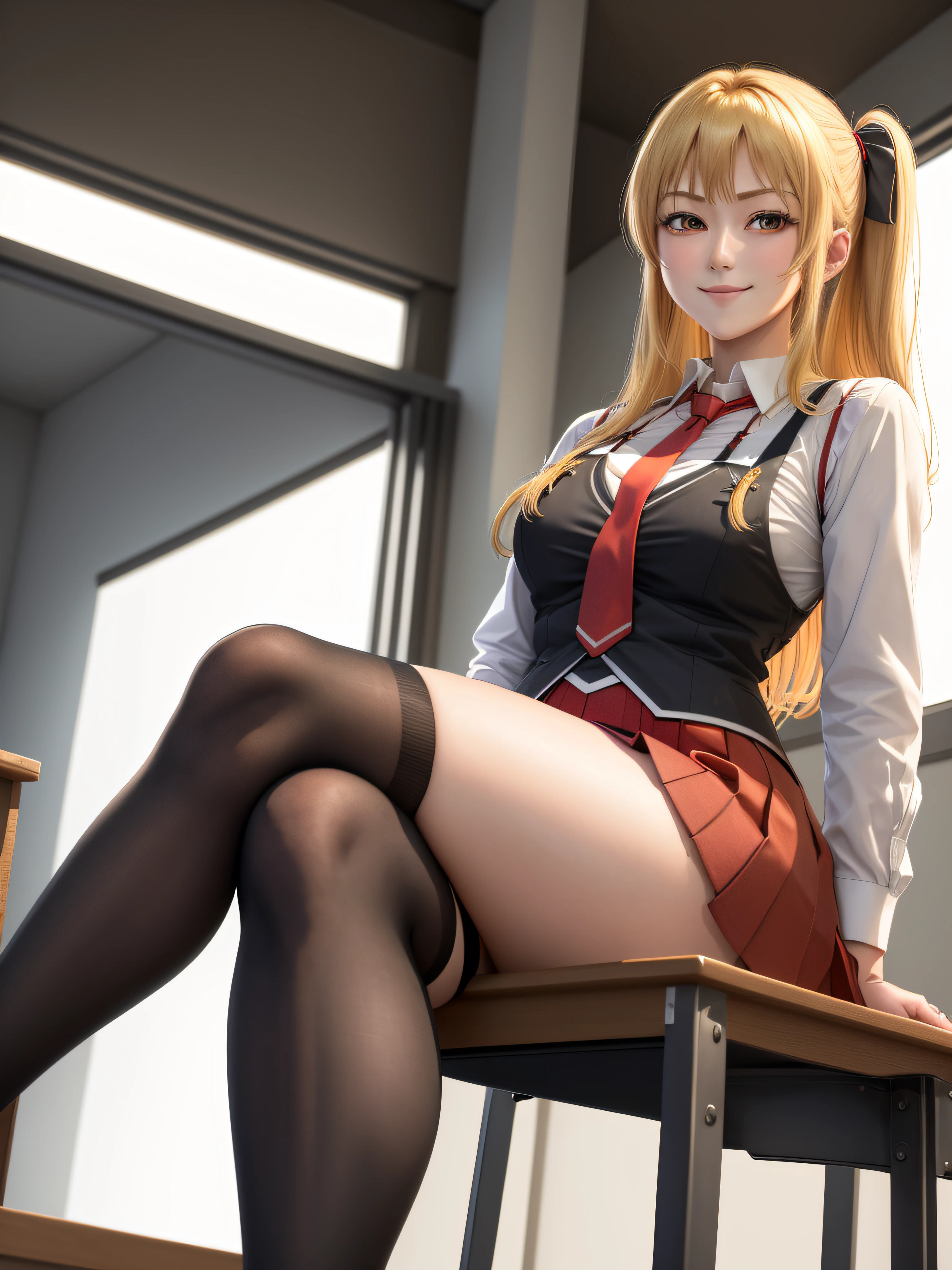 Meisterwerk, beste Qualität, highres, 1girl Kaori Saeki mit geteiltem Pony, blondes Haar, Schuluniform Spaghettiträger schwarze Weste rote Krawatte roter Rock schwarze Strümpfe sitzend, überkreuzte Beine, böses Lächeln