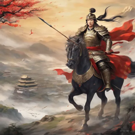 (best quality,4k,8k,highres,masterpiece:1.2),ultra-detailed,(realistic,photorealistic,photo-realistic:1.37),Chinese general,traditional art style,richly colored uniforms,vivid and dynamic brushstrokes,ancient battlefield setting,warrior spirit,ornamental a...