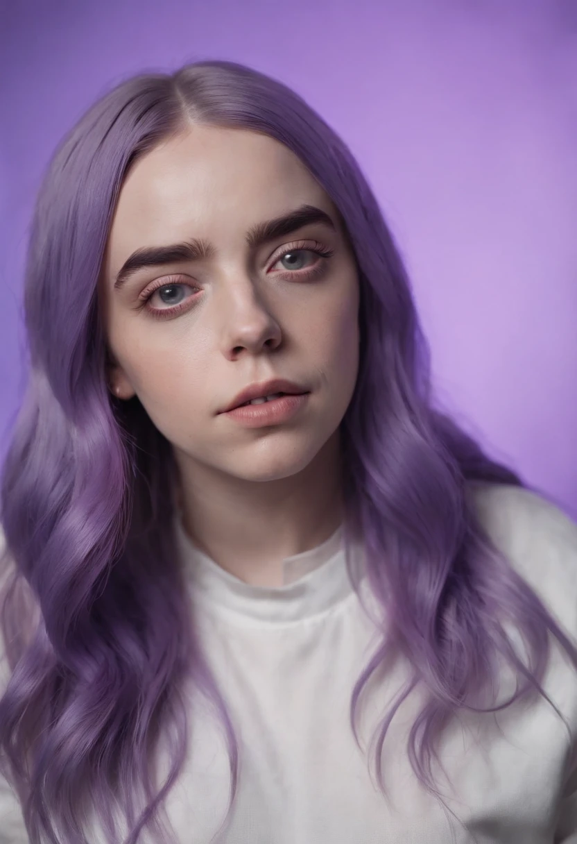 A close up of a woman with purple hair and a white shirt - SeaArt AI