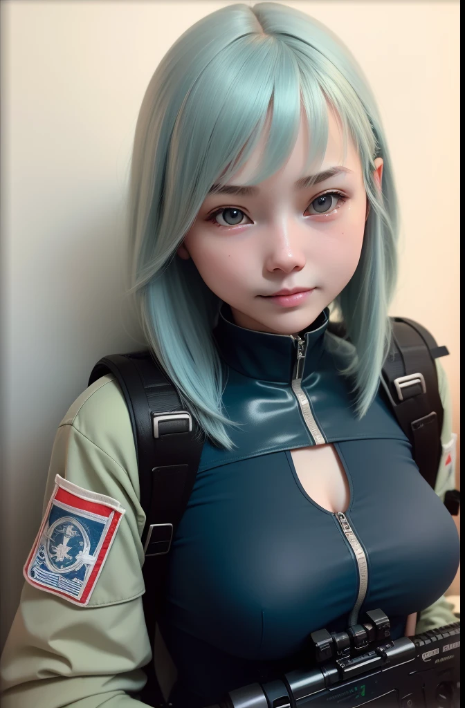 A futuristic world,a perfect illustration of artifical intelliengence,After 5143, 8K, Extremely detailed , flawless，hyperdetailed face，16-year-old girl，Eight-headed body，Silky light blue hair，Bitgirl，A device with an optical rifle in both hands，Background of the near future，During night combat，Rifle shooting scene，Smile，Dress Type，Wear a khaki troop jacket,Troop jacket with a patch of the Japanese flag、matrix、Blade Nanner