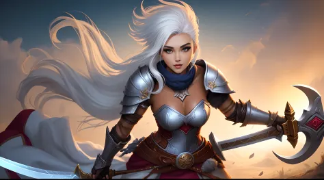 Tanned warrior woman in charismatic white hair long armor with a sword in League of legend style
