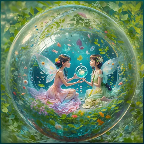 Sea Art's AI-generated painting is a charming image of a Crystal Ball. Nela estao esculpidas duas estatuas de belas fadas. As es...