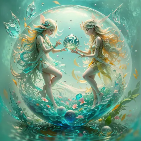 Sea Art's AI-generated painting is a charming image of a Crystal Ball. Nela estao esculpidas duas estatuas de belas fadas. As es...