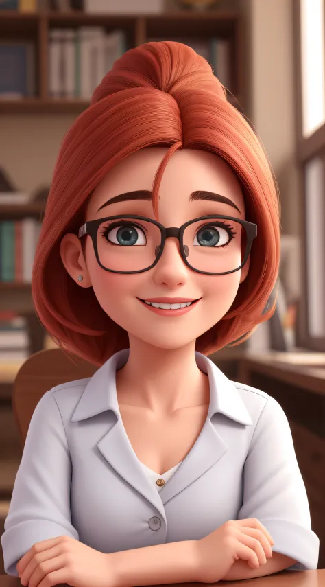 Uma mulher de 30 anos, com cabelos castanhos curtos, Rosto redondo, rosto redondo com sorriso encantador, e olhos castanhos, wearing glasses, professora, corpo inteiro