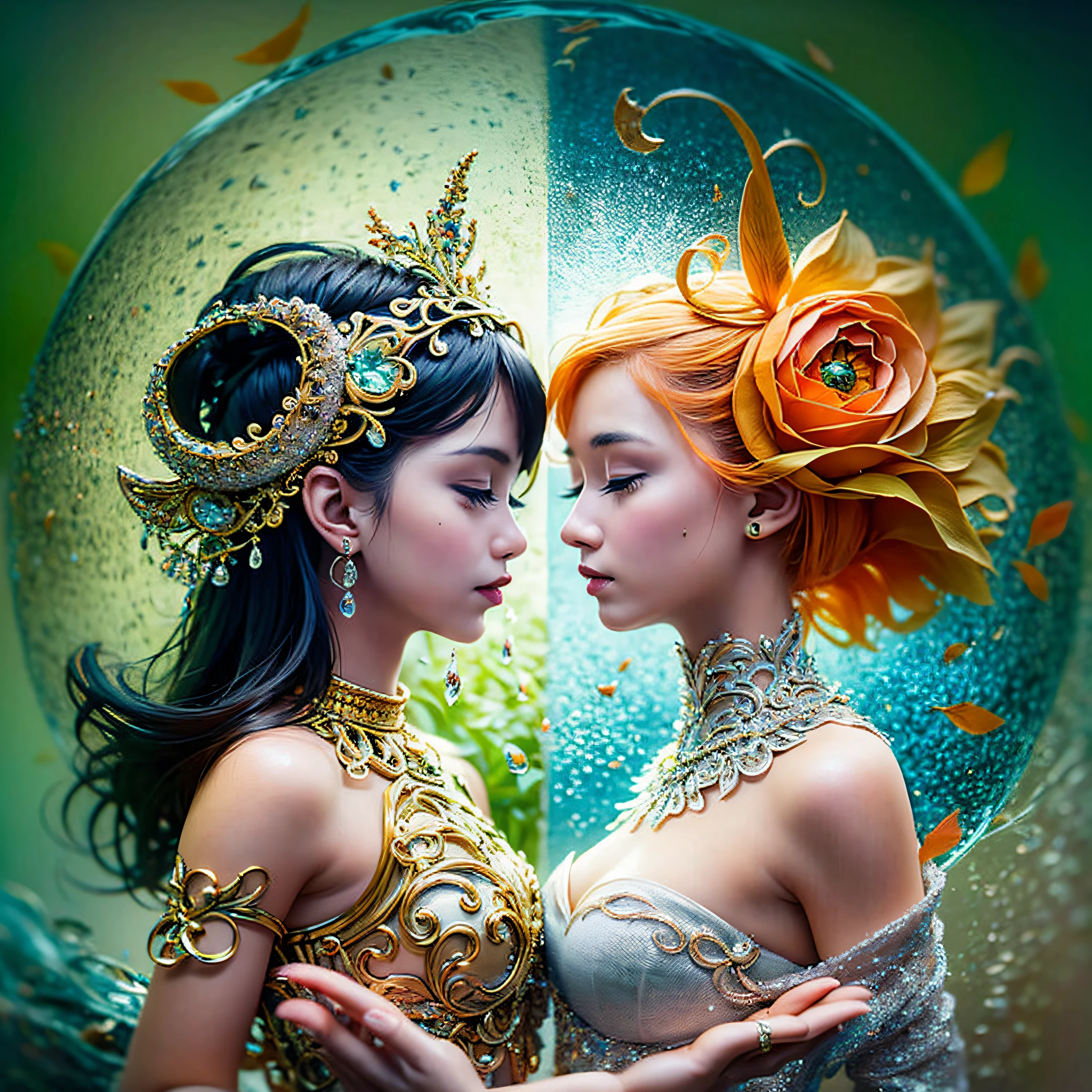 A pintura gerada pela IA do Sea Art retrata uma imagem fascinante de yin yang, (max quality, design requintado, best ilumination, melhor sombreamento). statue of 2 mermaids in the form of Yin Yang. dentro de uma bola de cristal, sob a lua e o sol, bringing to life the harmony and interconnectedness of opposing forces and duality. detalhes detalhados e realistas, intrincado, carved in green and orange marble, brilhando com luar e luz solar, A perfect balance between light and dark, mystical and serene. dentro de uma bola de cristal, as duas metades: uma negra, representando o yin, e outra branca, simbolizando o yang. These details symbolize the mutual presence of opposing elements in each aspect. While yin contains a small point of yang, Yang also contains a small point of yin, creating a dynamic and harmonious balance. Essa pintura gerada pela IA do Sea Art transmite uma mensagem profunda sobre a dualidade do universo.