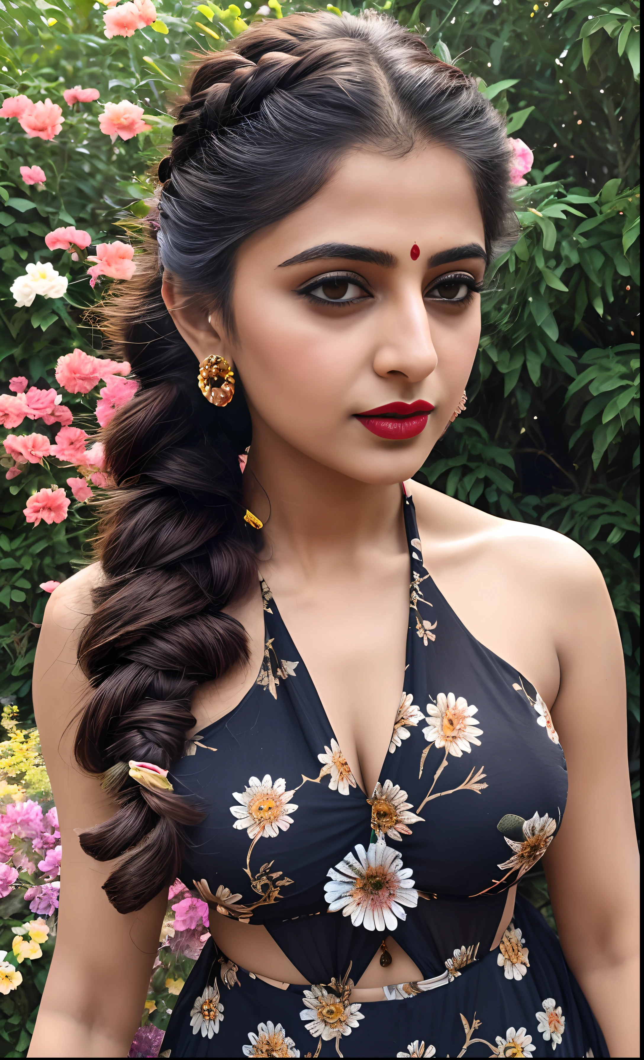 A close up of a woman with a flowered dress and earrings - SeaArt AI