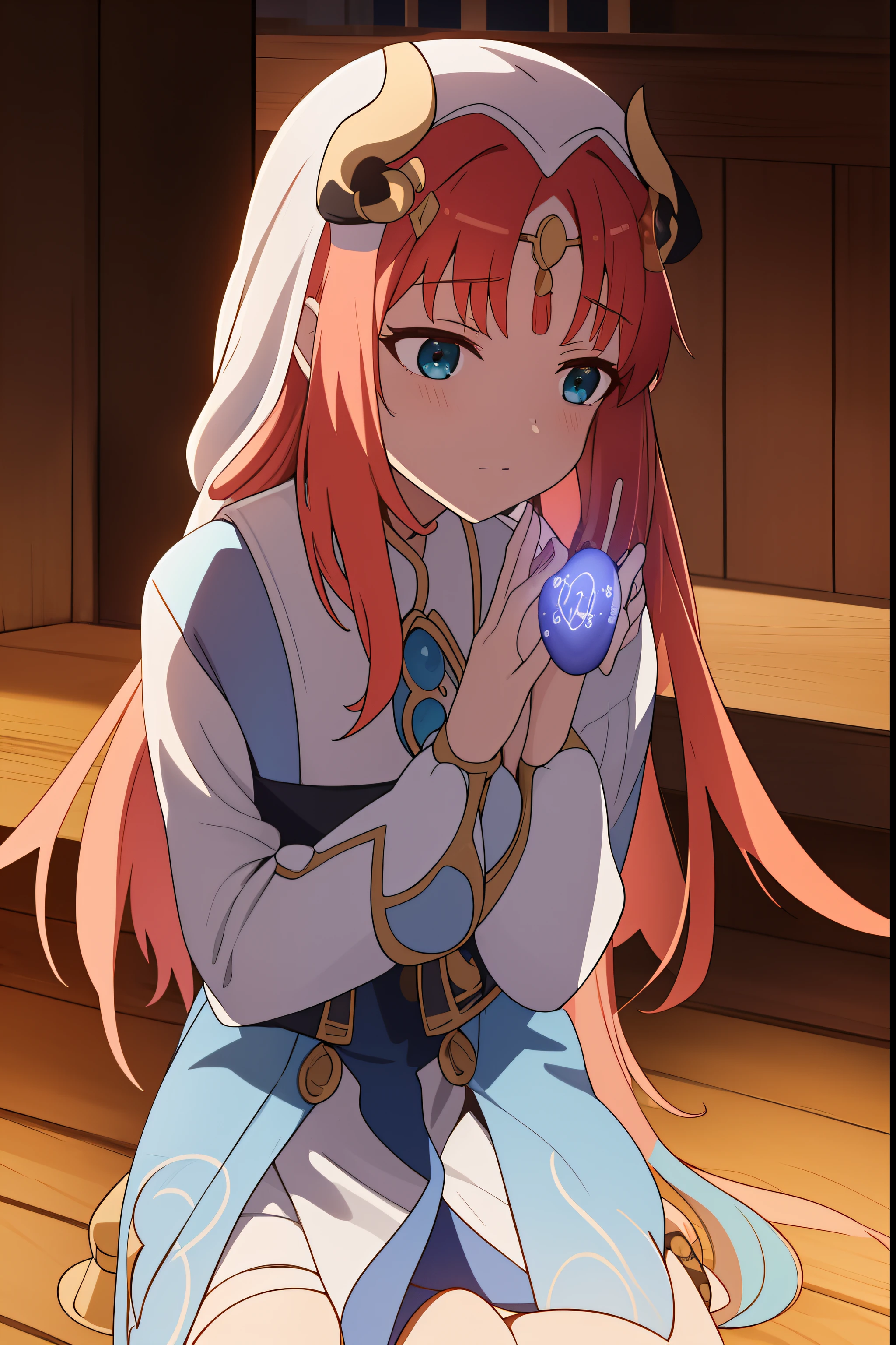 Anime girl with red hair and blue eyes sitting on a wooden floor - SeaArt AI