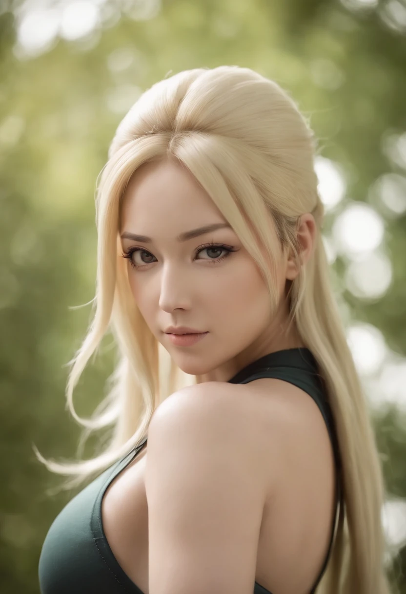 A close up of a woman with long blonde hair wearing a black top - SeaArt AI