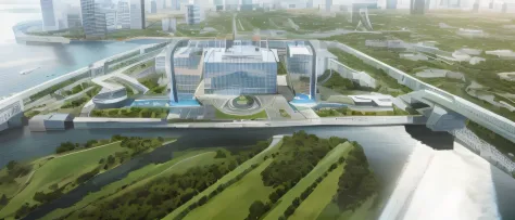 aerial view of a city with a river and a bridge, medical research facility, research complex, sharp hq rendering, hq very detailed, ultra - detailed!, sharp focus ilustration hq, hq render, author：Chass is silent, close establishing shot, sharp foccus ilus...