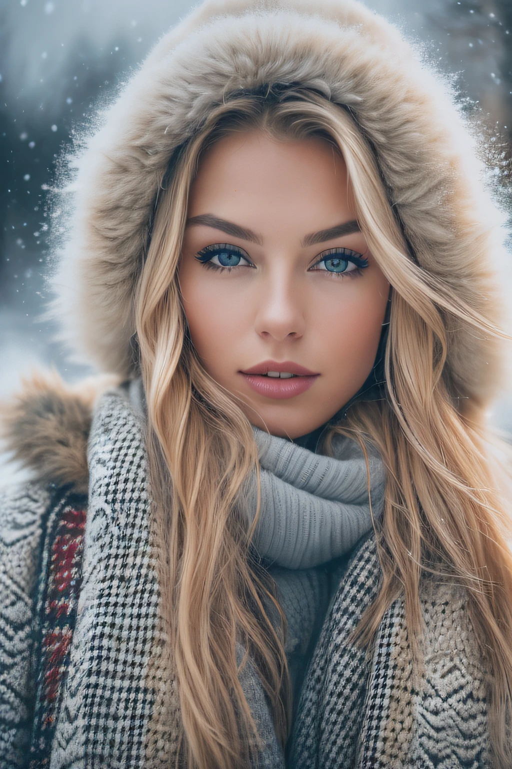 一位穿著冬裝、長著金色波浪發的華麗挪威女孩的專業肖像照片, 美麗對稱的臉, 穿著優雅溫暖的冬季時尚服裝, 下雪, 多霧路段,超銳利, 詳細的臉部,
令人驚嘆的現代城市環境, 超現實, 非常詳細, 錯綜複雜, 銳利的焦點, 景深, 中景, 高動態範圍, 8K, 完美的眼睛, 高對比度
