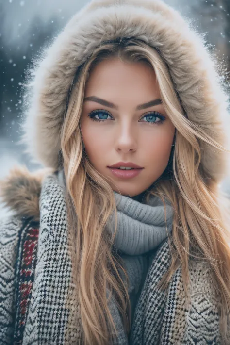 professional portrait photograph of a gorgeous Norwegian girl in winter clothing with long wavy blonde hair, gorgeous symmetrica...