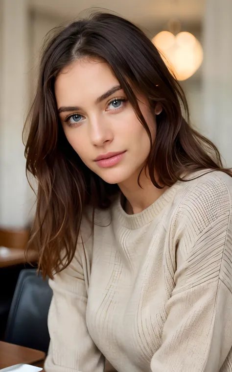 beautiful brunette wearing beige sweater (having lunch inside a modern restaurant), very detailed, 40 years, innocent face, long hair, natural wavy, blue eyes, high resolution, masterpiece, best quality, intricate details, highly detailed, sharp focus, det...