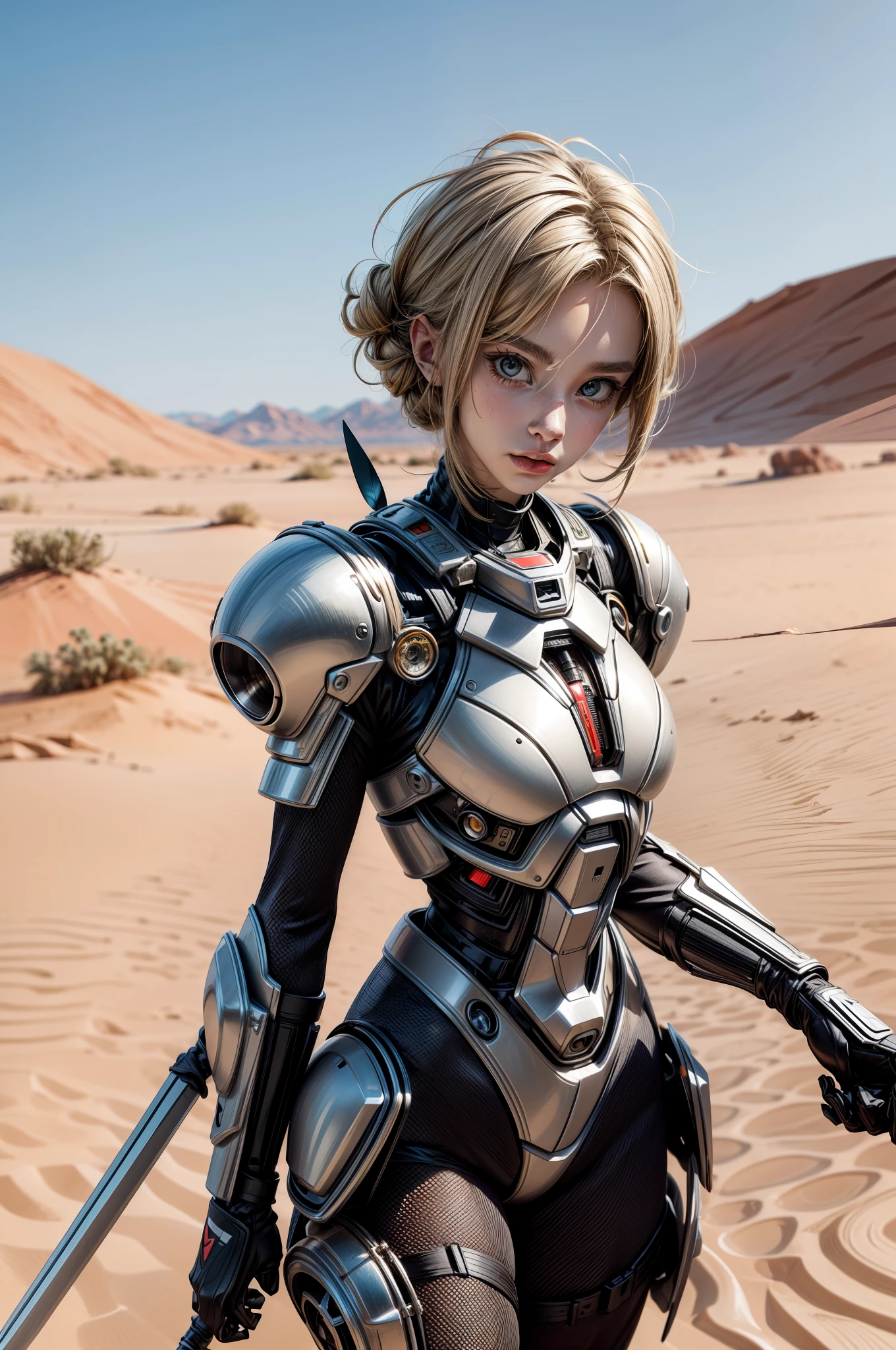 a human with an insect exoskeleton posing with a spear in a desert
