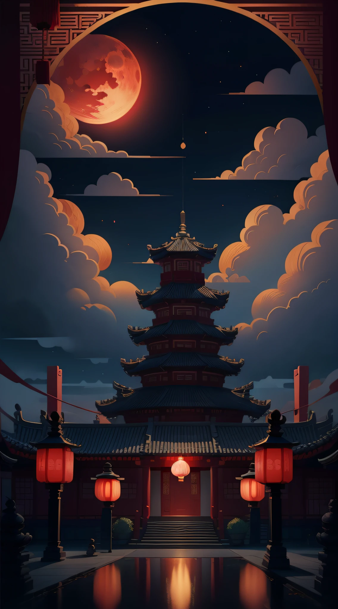 เทศกาลกลางฤดูใบไม้ร่วง，เค้กพระจันทร์， เมฆมงคล, โคมแดง, สถาปัตยกรรมจีนโบราณอันงดงาม, ด้านหลังมีพระจันทร์ดวงใหญ่, ด้วยภาพประกอบของเส้นเวกเตอร์, สีเหลือง、โทนสีแดงและสีน้ำเงินเข้ม, ภาพนามธรรม, ไม่มีผู้ชาย，ไม่มีผู้ชาย，ไม่มีผู้ชาย，สถิตยศาสตร์, แนวโน้มพื้นหลังที่ชัดเจน, แสงรูปทรงที่ชัดเจน, แสงขอบ, แฟนตาซี, แสงระยิบระยับ, ภาพประกอบแบนๆ,สไตล์ดิสนีย์, 8k, --กับ 9:16 --q 2 --นิจิ 5