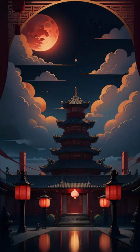 Mid-Autumn Festival，Moon cake， Auspicious clouds, Red lanterns, Exquisite ancient Chinese architecture, In the background is a huge moon, With vector line illustration, amarelo、Red and dark blue tones, Abstract picture, No Man，No Man，No Man，surrealism, Cle...