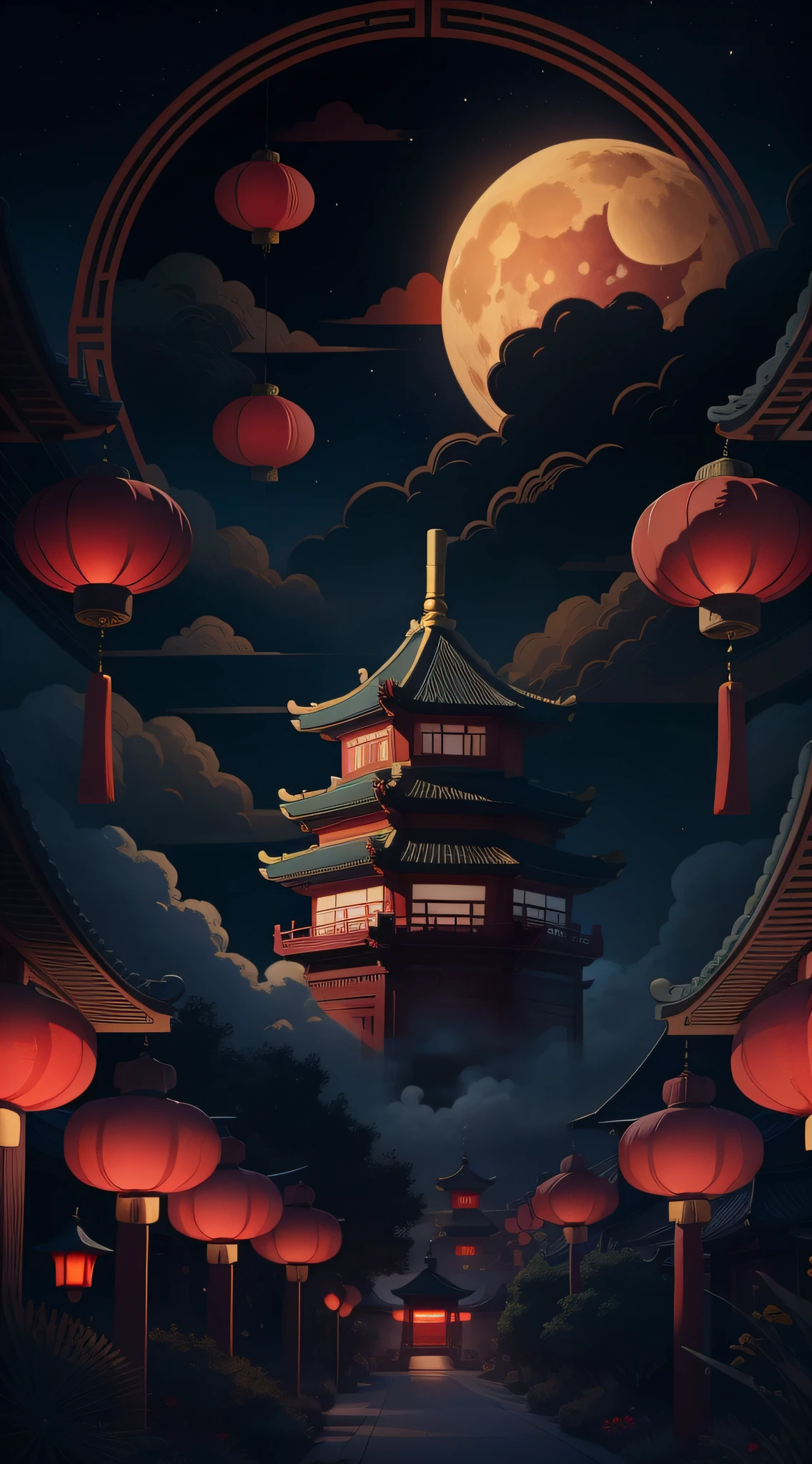 中秋节，月饼， 祥云, 红灯笼, 精美的中国古建筑, 背景是一轮巨大的月亮, 带有矢量线插图, 黄色的、红色和深蓝色色调, 抽象图片, 无人，无人，无人，超现实主义, 清晰的背景趋势, 清晰的轮廓光, 边缘光, 幻想, 斑驳的光, 平面插图,迪士尼风格, 8千, --与 9:16 --q 2 --二二 5