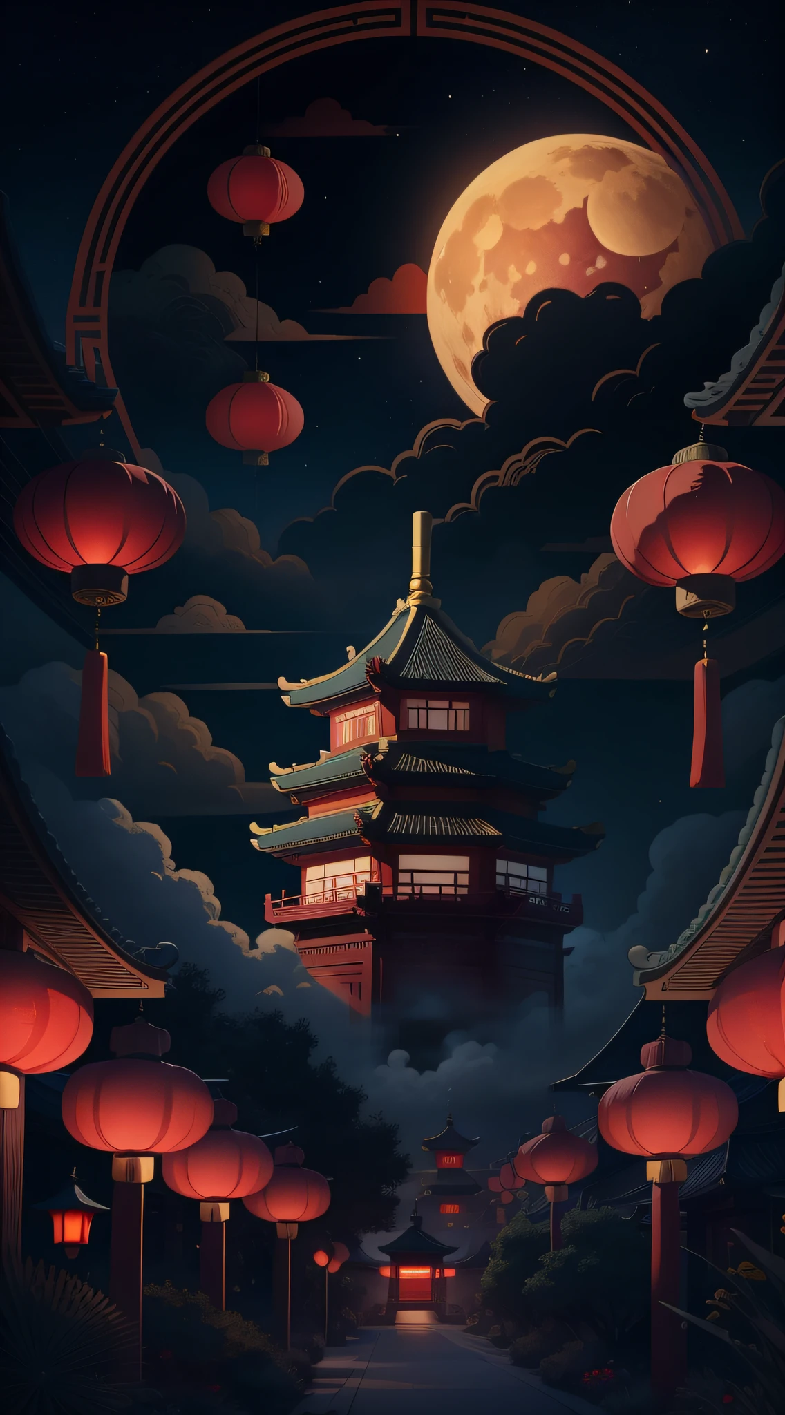 Festival de mediados de otoño，Pastel de luna， nubes auspiciosas, Linternas rojas, Exquisita arquitectura china antigua, Al fondo hay una luna enorme., Con ilustración de línea vectorial, amarillo、Tonos rojos y azul oscuro., imagen abstracta, No Man，No Man，No Man，surrealism, Tendencias de fondo claras, Luz de contorno clara, luz de borde, fantasía, luz moteada, ilustración plana,estilo disney, 8K, --con 9:16 --q 2 --niji 5